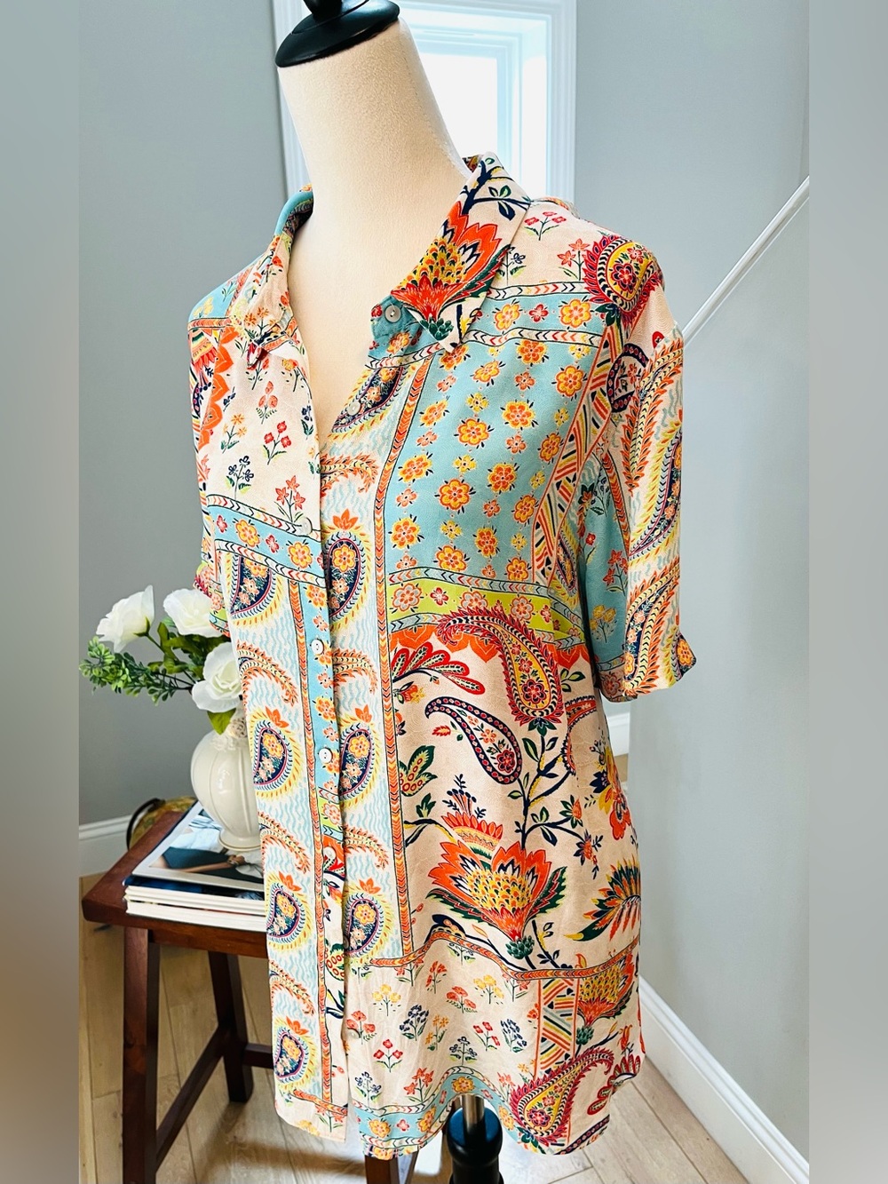 ROSE & OLIVE Shirt Floral Boho Paisley Patchwork Top Ivory Blue Orange Size 2X